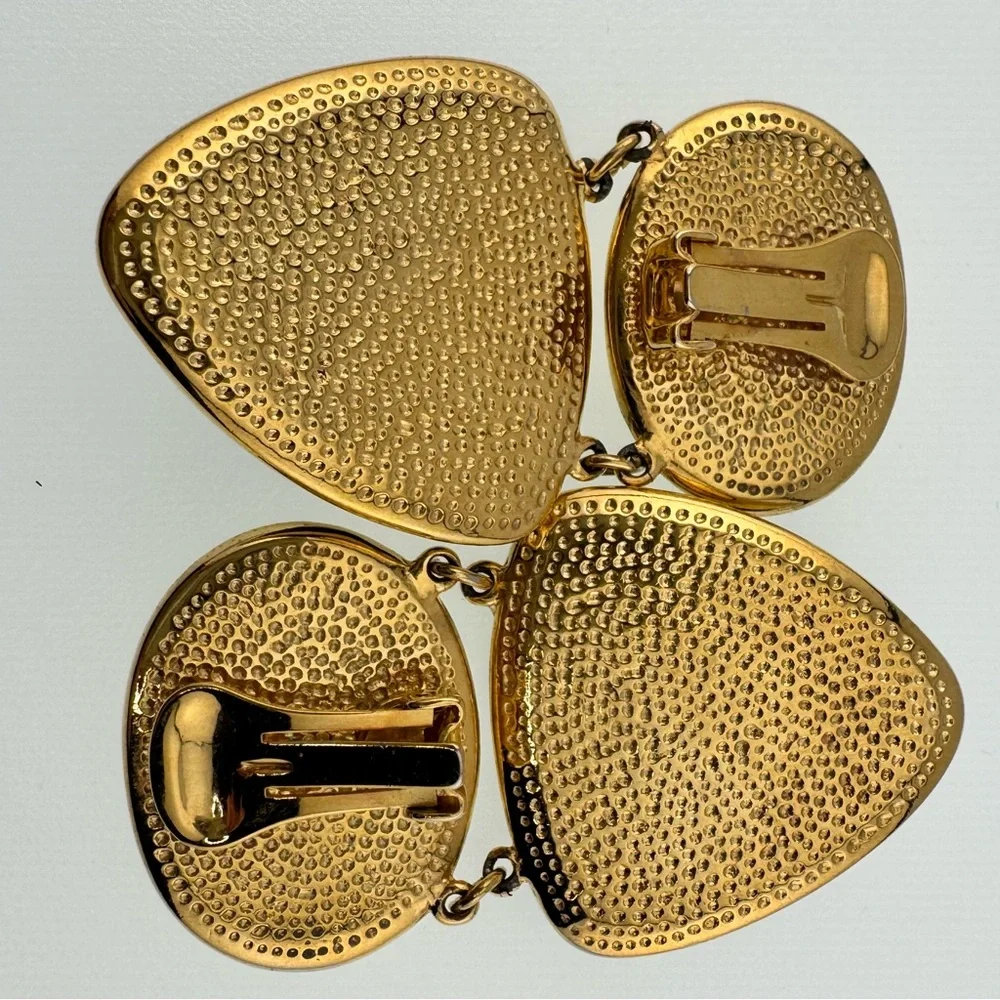 Vintage 80’s Elegant Gold and Black Dangle Clip Earrings - Picture 3 of 8